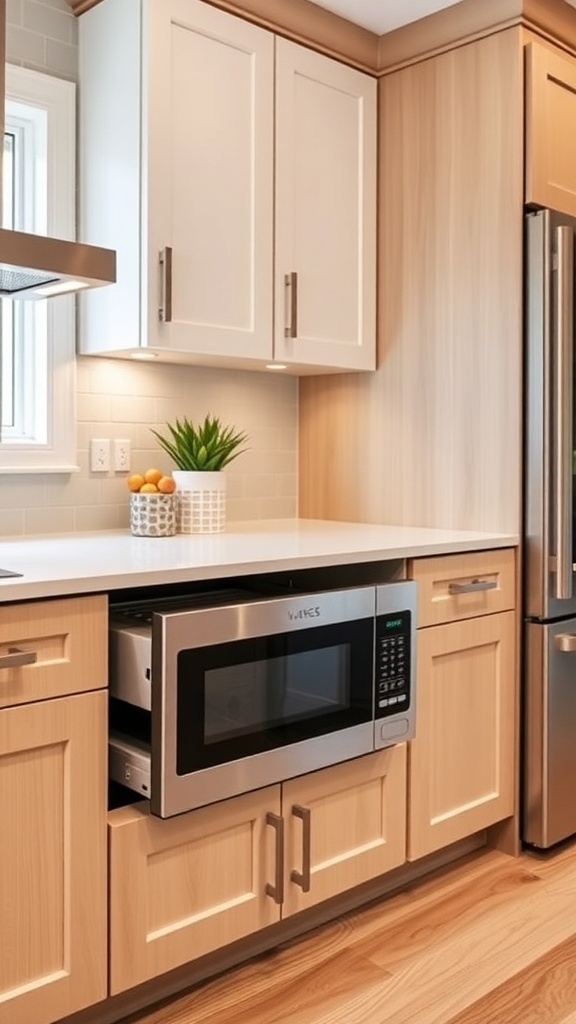 A modern kitchen with a 24-inch microwave drawer integrated into the cabinetry.
